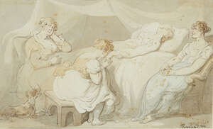 
	
		Thomas Rowlandson, 
		British 1756-1827- 
		 
		On her death bed; 
		 
		pen and brown...