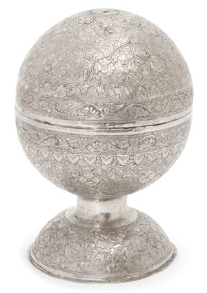 
	
		A silver marriage casket, Malaysia, late 19th century, of spherical form in two halves...