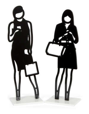 
	
		Julian Opie,
		British b.1958
		 
		Telephone & Handbag, 2019;
		 
		two laser cut...
