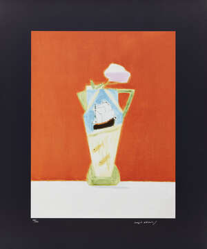 
	
		Craigie Aitchison CBE RSA RA, 
		Scottish 1926-2009- 
		 
		Still Life on Vermillion,...