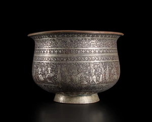 Safavid engraved tinned copper bowl,Persia, late 17th century
of deep hemispherical form with...