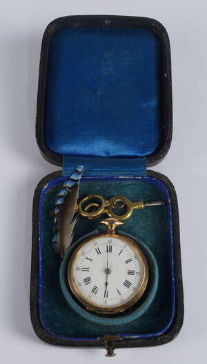 
	
		A French 18ct gold cased ladies open face pocket watch, white enamel dial, with Arabic...