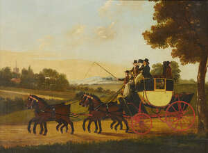 
	
		John Cordrey, 
		British c.1765-1825- 
		A coach and four in an landscape at dusk, a...