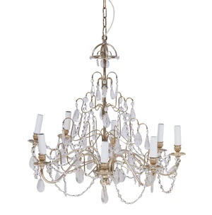 A white metal and cut glass eight-light chandelier, 20th century, the scrolling arms issuing...