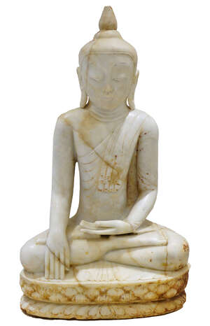 
	
		A Burmese alabaster buddha 18th/19th century, modelled seated in meditation with his left...