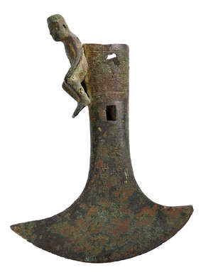 
	
		A Vietnamese Dong Son Culture ceremonial axe head, ca. 500BCE, the shaft cast with bands...