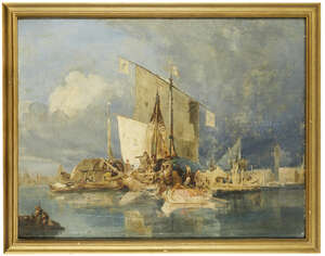 Attributed to James Holland RWS, 
British 1799-1870- 
 
View in Venice with stormy skies;
 
oil...