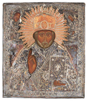 
	
		A Russian icon of St. Nicholas the Wonder Worker, 19th century, depicted with portraits...