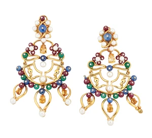 A pair of gem-set drop earrings, set with cultured pearls, pear-cut yellow sapphires, and ruby,...