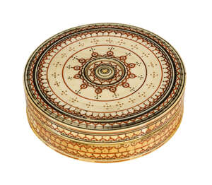 
	
		A painted ivory lidded box, Sri Lanka, 19th century, of round form, with fitted lid,...