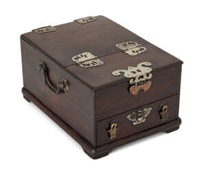 
	
		A Chinese rosewood travelling vanity box, early 20th century, with metal alloy mounts in...