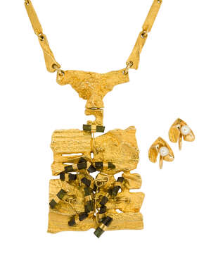 
	
		A tourmaline-set 'Flowering Wall' necklace and a pair of cultured pearl earrings, by...