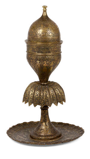 
	
		A Qajar engraved brass lidded vessel, Iran, 19th century, the rounded base with lobed...