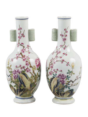 
	
		A pair of Chinese porcelain arrow vases, Yongzheng mark, Republic period, finely painted...