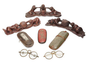 
	
		Three Chinese glasses cases, 19th and 20th century, one shagreen with copper mounts, and...