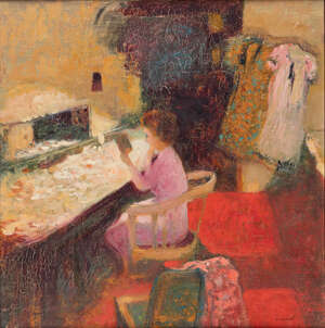 
	
		Pierre Roussel, 
		French 1927-1996- 
		 
		Y. Gaudeau dans la loge; 
		 
		oil on...