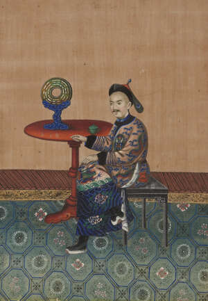 
	
		Three Chinese paintings on rice paper, 19th century, each finely painted with a court...