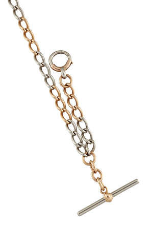 A late 19th century gold and platinum watch chain, of twisted oval link design, with clip and bolt ring terminals and 'T-bar' attachment, length 36.0cm