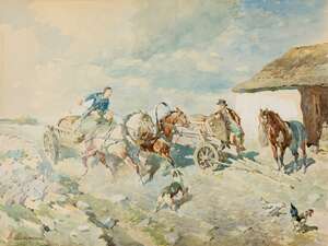 
	
		Gregor von Bochmann, 
		 
		German 1850-1930- 
		 
		Horses and carts with a dog and...