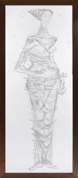 
	
		John Hutton (1906-1978), a full length engraved glass figurative window
		Flora, 1961,...