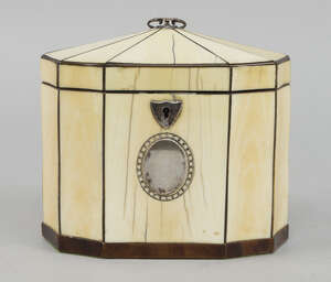 
	
		A George III ivory and tortoiseshell strung canted tea caddy, with silver looping handle,...