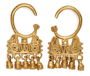 A pair of ancient gold earrings, the semi-circular hoop with tri-part elements below containing wire decoration, five smaller hoops from which bell-shapes are 