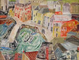 
	
		Margaret (Grete) Marks, German/British 1899-1990- Mevagissey from Polkirk Hill; oil on...