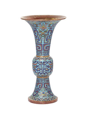 
	
		A Chinese cloisonne enamel gu form vase, 17th/18th century, decorated with archaic motifs...