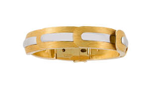 
	
		A two colour bracelet by Juhani Linnovaara for Lapponia, of textured rounded rectangular...
