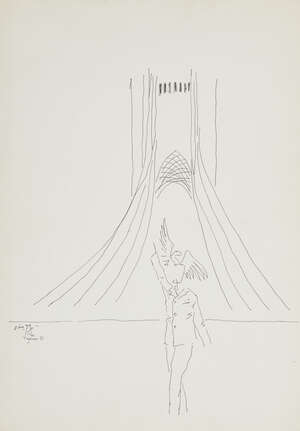 
	
		M.F. Husain (Indian, 1915-2011) Untitled, 1972, Self-portrait with falcon, ink on paper,...