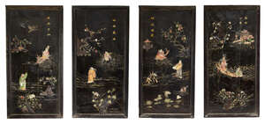 
	
		A set of four Chinese hardwood framed black lacquer and hardstone inset panels, late Qing...