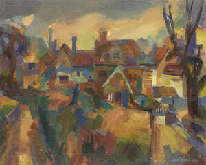 
	
		Basil Nubel ARCA, 
		British 1923-1981-
		 
		View of cottages and gardens; 
		 
		