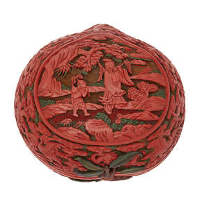 
	
		A large Chinese cinnabar lacquer three-colours 'peach' box and cover, Qianlong period, 