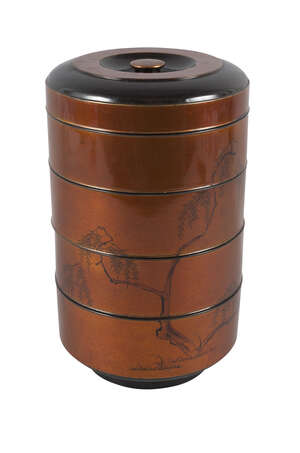 
	
		A Japanese lacquer circular four section stacking box, 20th century, painted with birds...