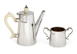 
	
		A silver bachelor's coffee pot and sugar, Sheffield, c.1936, Viner's Ltd., the pot of...