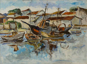 Angelo Iarusso, Italian 1923-1990-
Moored boats;
oil on canvas, 59.5 x 79.3 cm (ARR)