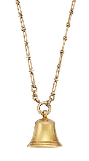
	
		A 9ct gold necklace and charm, the rounded rectangular link necklace suspending a single...