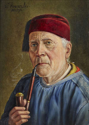 
	
		Walter Roessler, 
		German 1893-1960- 
		Man in a Fez smoking a pipe; 
		oil on panel,...