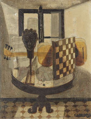 Claude Venard,
		French, 1913 1999- 
		Nature Morte à la Guitar;
		oil on canvas, signed lower right 34 x 27cm(ARR) 
		Provenance: Arthur Tooth & Sons Ltd
