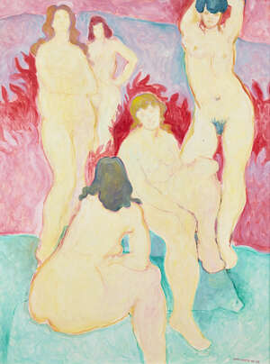 
	
		Fyffe Christie,
		British 1918-1979-
		Five figures resting in a pink background;
		oil...