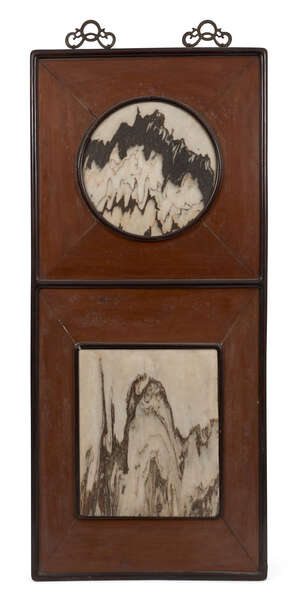 
	
		A Chinese hardwood 'dreamstone' panel, late Qing dynasty, set with one circular and one...