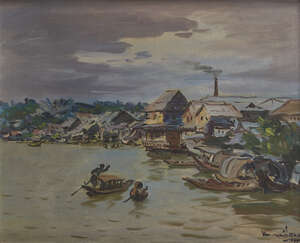 
	
		CHALERM NAKEERAKS (1917-2002), oil on canvas, river landscape, signed and indistinctly...