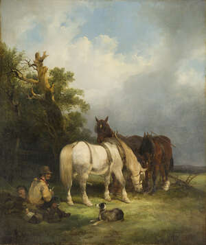 
	
		William Shayer Jnr., 
		British 1811-1892- 
		 
		The Ploughmans Rest; 
		 
		oil on...