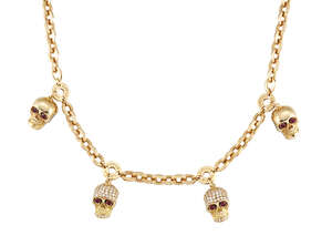 
	
		A diamond, ruby and enamel-set necklace by Gavello, the belcher-link neckhain set to the...