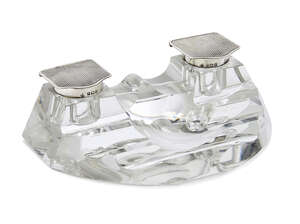 
	
		A silver mounted glass inkwell, Birmingham, c.1927, William Base & Sons, the grooved...
