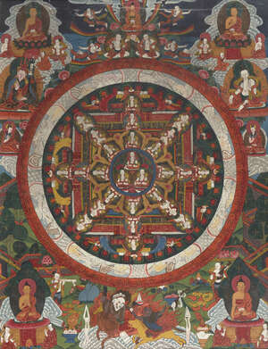 
	
		A Tibetan thangka on cotton, 20th century, with central circular panel with radiating...