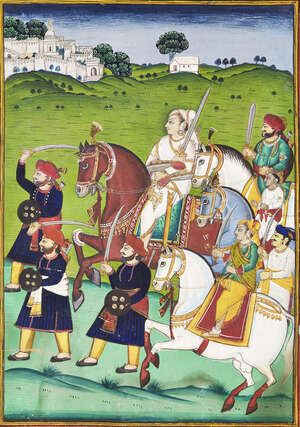 
	
		Rani Lakshmi Bai leading a procession, North India, second half 19th century, opaque...
