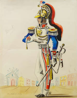 
	
		Hein Heckroth, German, 1901-1970, A costume design for a soldier, signed and date 1943,...