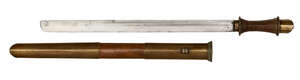 
	
		A Butanese sword, 19th century, with string grip, brass pommel, and copper and brass...