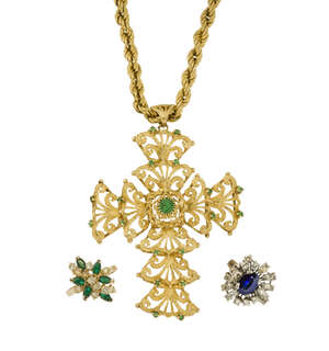An emerald-set pendant necklace and a synthetic sapphire and diamond ring, the scroll design openwork cross pendant with circular-cut emerald accents, to a rop